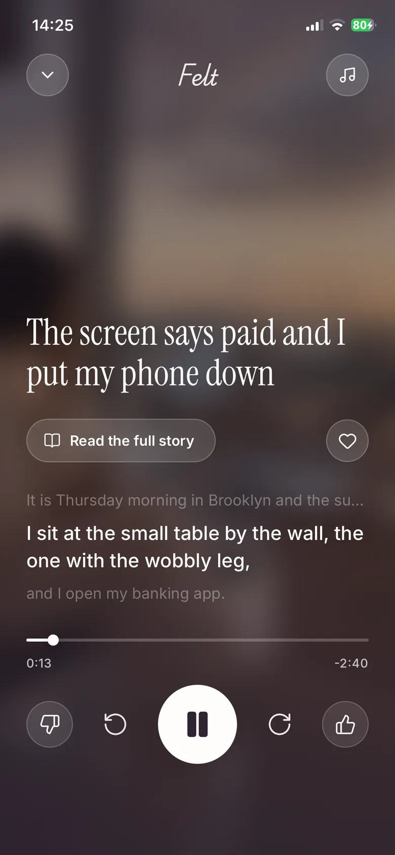 Wishfilled playing a story with synced captions: “The screen says paid and I put my phone down”